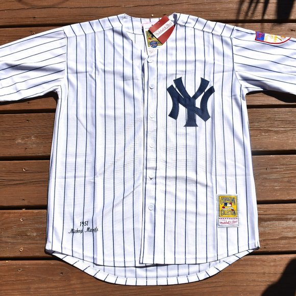 New! Mickey Mantle New York Yankees WHITE Pinstripe Baseball Jersey Men's Large - Picture 2 of 2